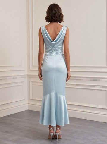 Trumpet/Mermaid Boat Neck Sleeveless Light Blue Ruched Stretch Satin Floor-length Cocktail Dresses