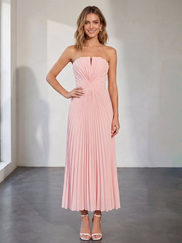 A-Line/Princess Strapless Sleeveless Pink Pleated Tulle Ankle-Length Cocktail Dresses