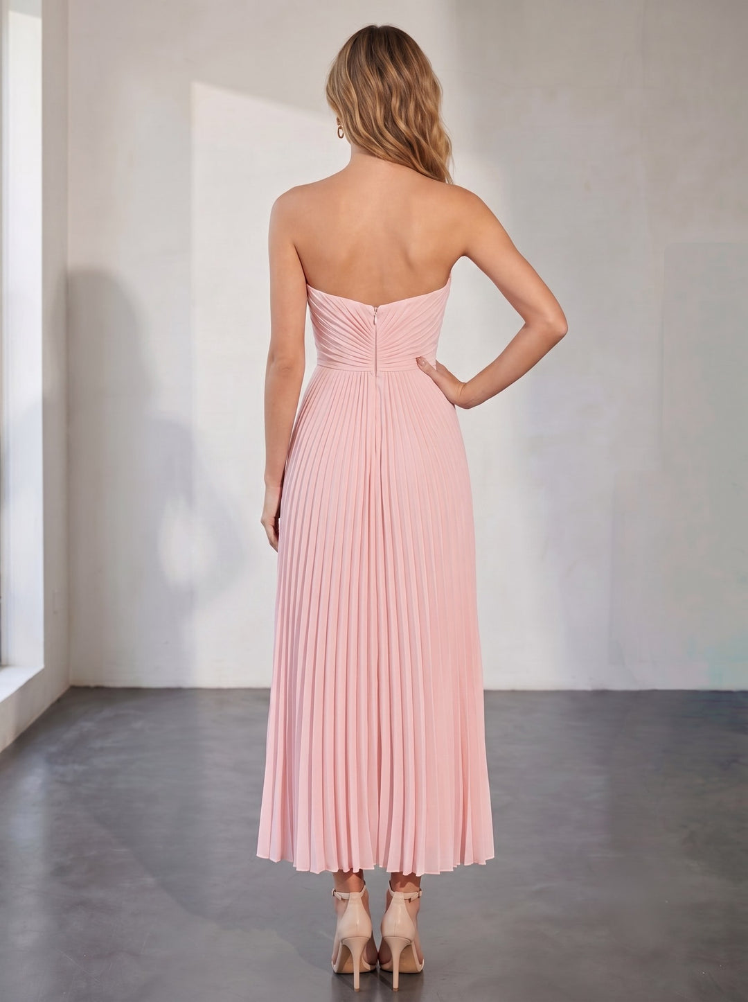 A-Line/Princess Strapless Sleeveless Pink Pleated Tulle Ankle-Length Cocktail Dresses
