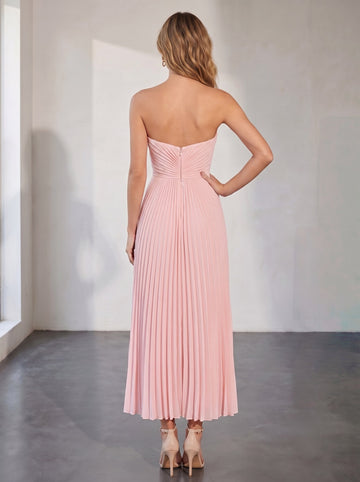 A-Line/Princess Strapless Sleeveless Pink Pleated Tulle Ankle-Length Cocktail Dresses