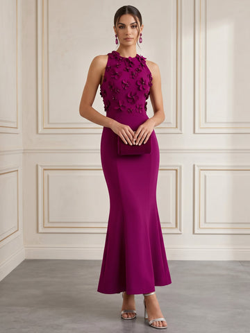 Trumpet/Mermaid Boat Neck Sleeveless Purple 3D Floral Stretch Satin Floor-length Cocktail Dresses