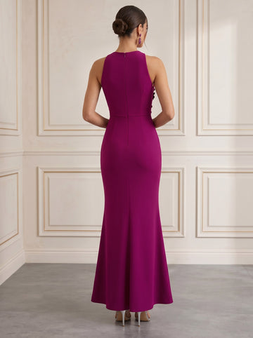 Trumpet/Mermaid Boat Neck Sleeveless Purple 3D Floral Stretch Satin Floor-length Cocktail Dresses