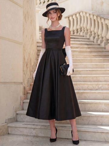 A-Line/Princess Square Collar Sleeveless Bow Satin Tea-Length Cocktail Dresses