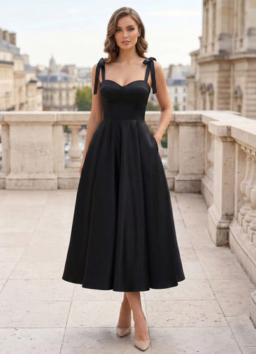 A-Line/Princess Sweetheart Sleeveless Pockets Satin Tea-Length Cocktail Dresses