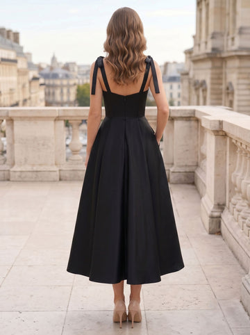 A-Line/Princess Sweetheart Sleeveless Pockets Satin Tea-Length Cocktail Dresses