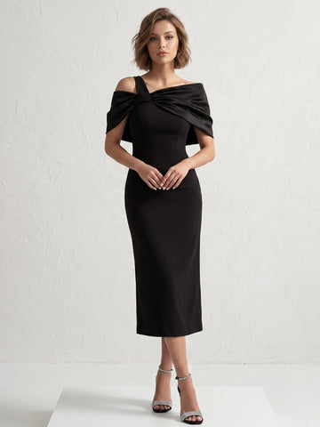 Sheath/Column One-Shoulder Sleeveless Bows Satin Tea-Length Cocktail Dresses