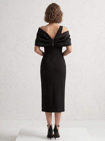 Sheath/Column One-Shoulder Sleeveless Bows Satin Tea-Length Cocktail Dresses