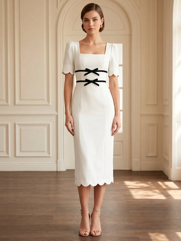 Sheath/Column Square Collar Short Sleeves Bows Stretch Satin Tea-Length Cocktail Dresses