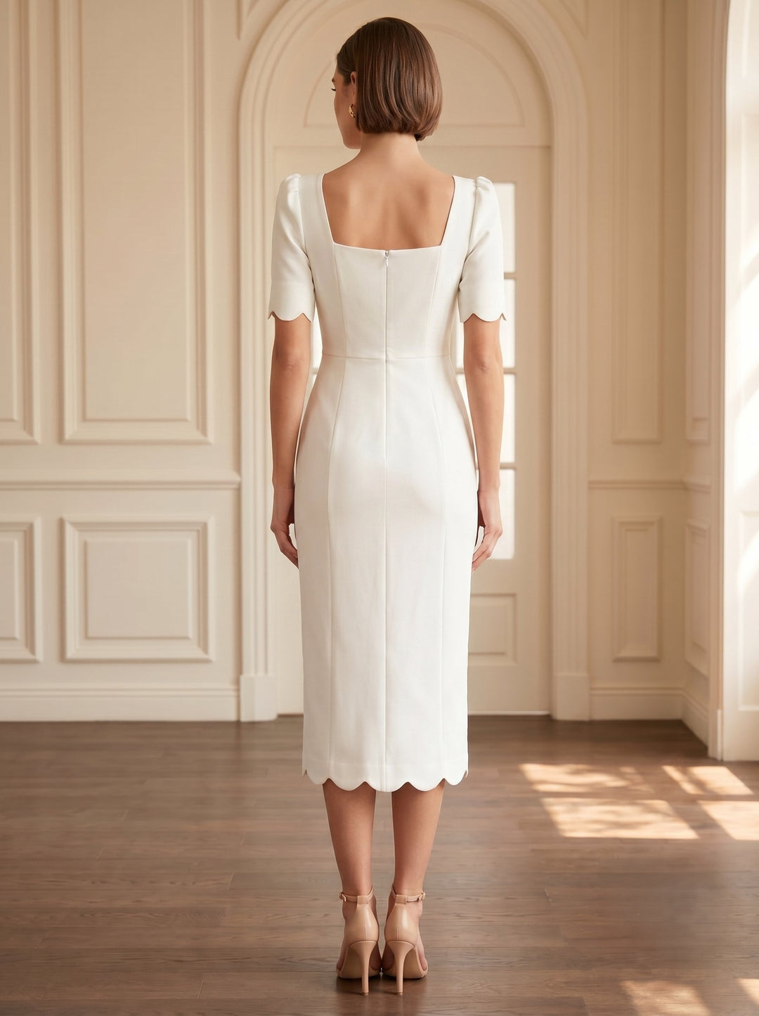 Sheath/Column Square Collar Short Sleeves Bows Stretch Satin Tea-Length Cocktail Dresses