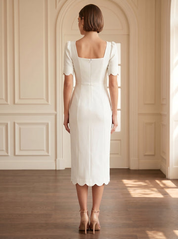 Sheath/Column Square Collar Short Sleeves Bows Stretch Satin Tea-Length Cocktail Dresses