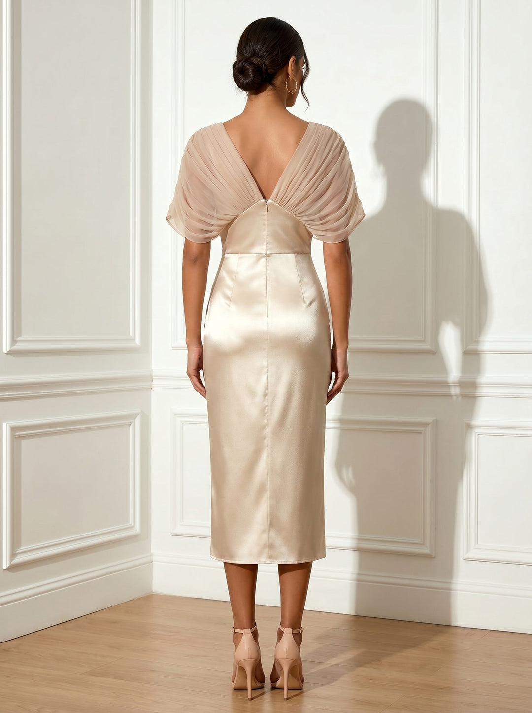 Sheath/Column V-Neck Short Sleeves Ruched Satin Tea-Length Cocktail Dresses