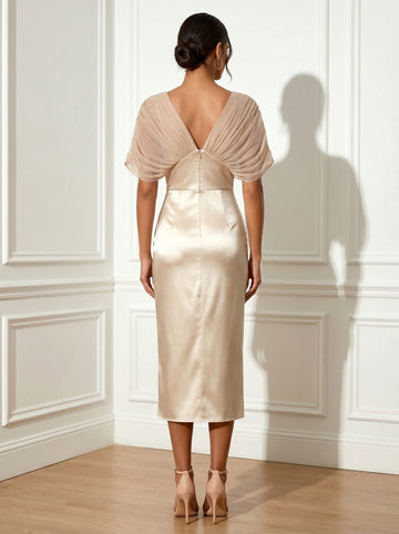 Sheath/Column V-Neck Short Sleeves Ruched Satin Tea-Length Cocktail Dresses