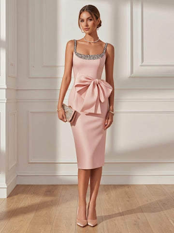 Sheath/Column Square Collar Sleeveless Bow Satin Ankle-Length Cocktail Dresses