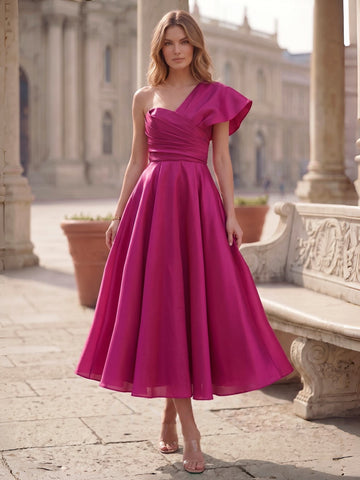 A-Line One-Shoulder Sleeveless Ruched Satin Ankle-Length Cocktail Dresses