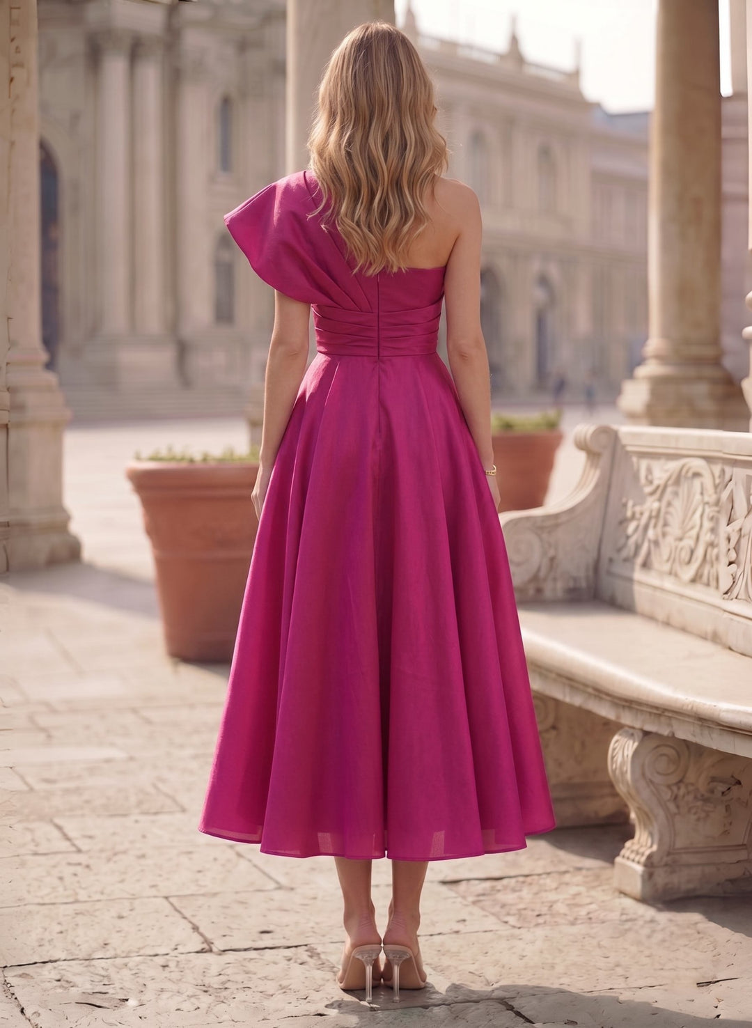 A-Line One-Shoulder Sleeveless Ruched Satin Ankle-Length Cocktail Dresses