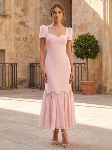 A-Line/Princess Sweetheart Sleeveless Rhinestone Chiffon Tea-Length Cocktail Dresses