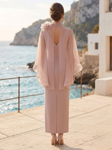 Sheath/Column Mock Neck Half Sleeves 3D Floral Chiffon Ankle-Length Cocktail Dresses
