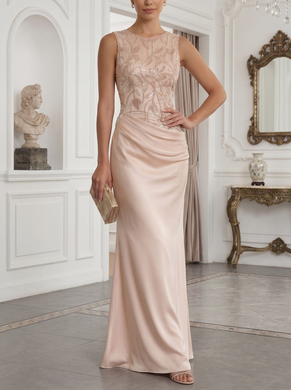 Sheath Satin Embroidery Evening Dresses Crew Neck Sleeveless Floor-Length