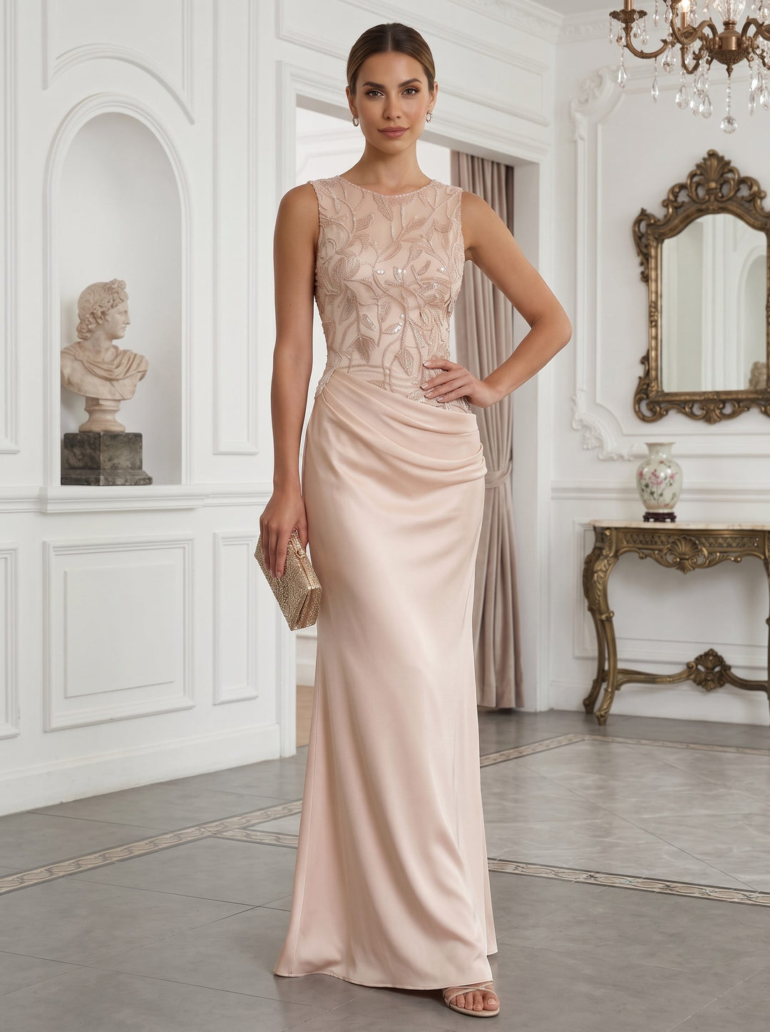 Sheath Satin Embroidery Evening Dresses Crew Neck Sleeveless Floor-Length