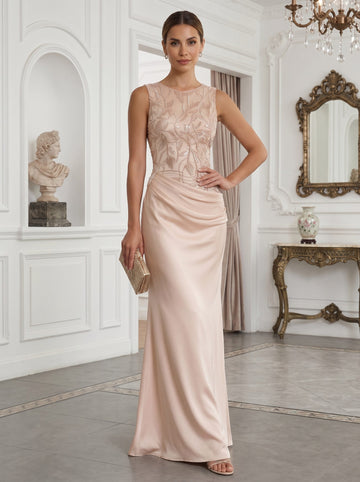 Sheath Satin Embroidery Evening Dresses Crew Neck Sleeveless Floor-Length