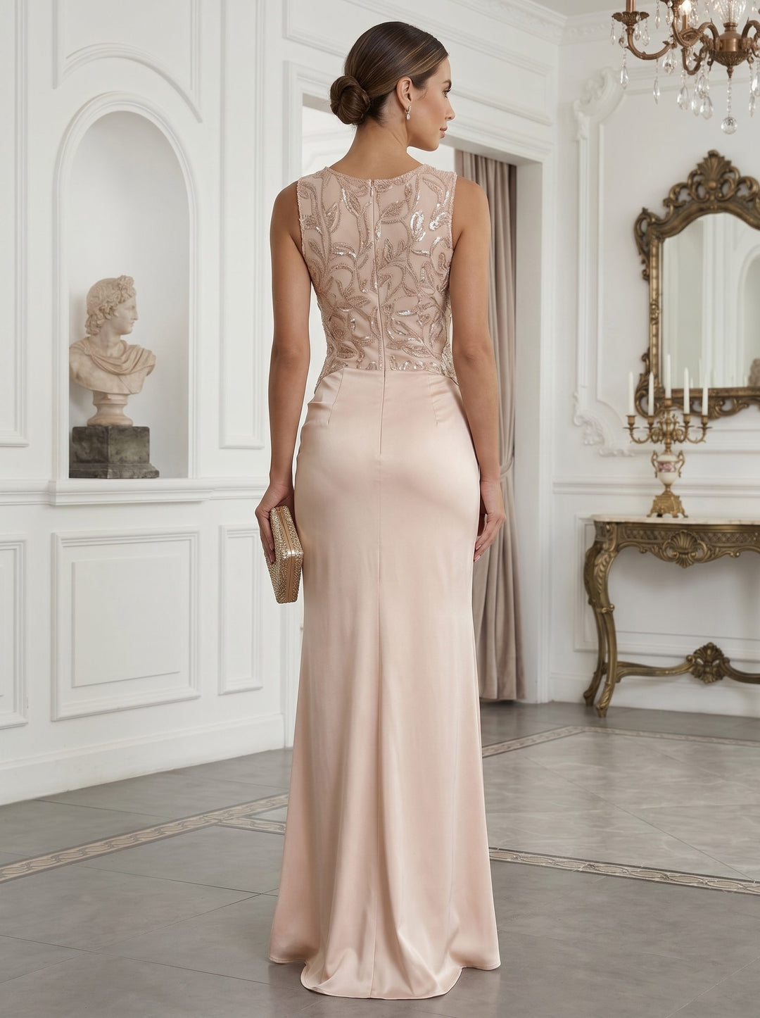 Sheath Satin Embroidery Evening Dresses Crew Neck Sleeveless Floor-Length