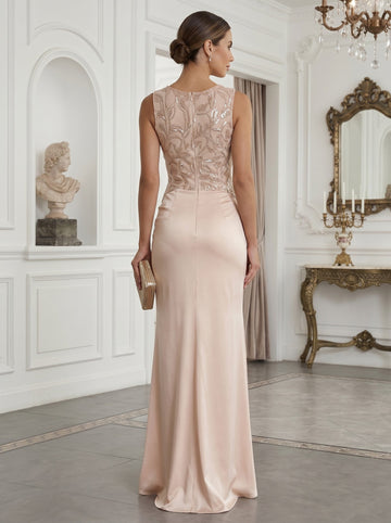 Sheath Satin Embroidery Evening Dresses Crew Neck Sleeveless Floor-Length