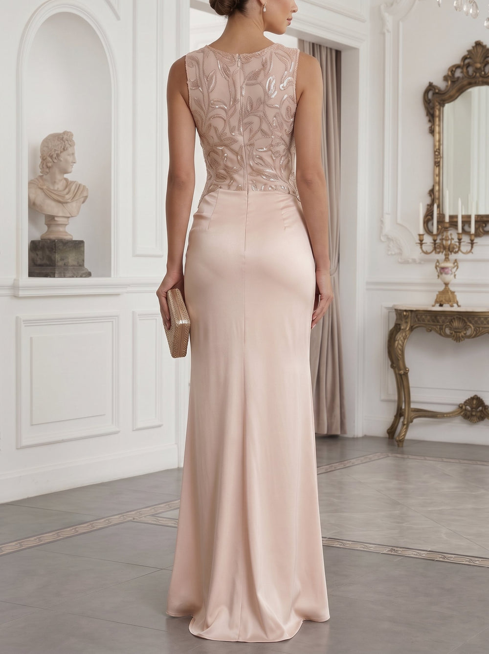 Sheath Satin Embroidery Evening Dresses Crew Neck Sleeveless Floor-Length