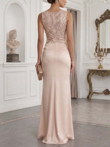 Sheath Satin Embroidery Evening Dresses Crew Neck Sleeveless Floor-Length