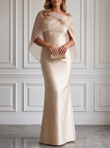 Sheath 3D Floral Satin Evening Dresses Boat Neck Short Sleeve Floor-Length with Capelet