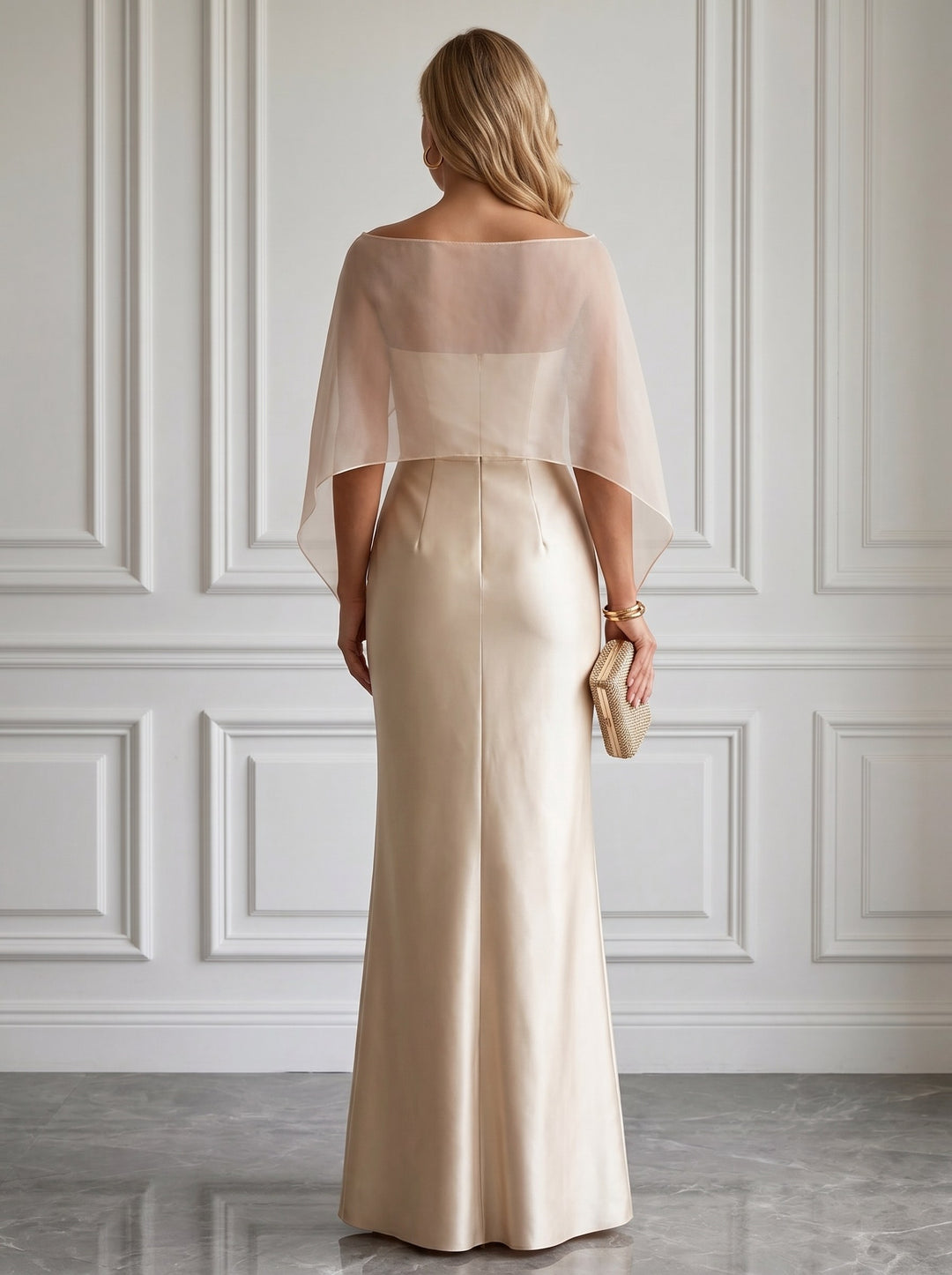 Sheath 3D Floral Satin Evening Dresses Boat Neck Short Sleeve Floor-Length with Capelet