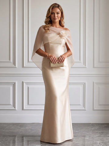 Sheath 3D Floral Satin Evening Dresses Boat Neck Short Sleeve Floor-Length with Capelet