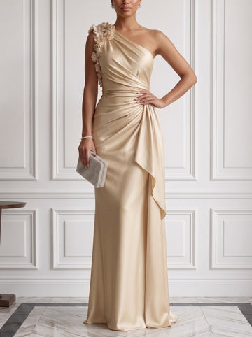 Sheath 3D Floral Ruched Satin Evening Dresses One Shoulder Sleeveless Floor-Length