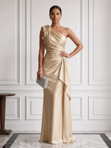 Sheath 3D Floral Ruched Satin Evening Dresses One Shoulder Sleeveless Floor-Length