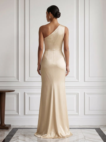Sheath 3D Floral Ruched Satin Evening Dresses One Shoulder Sleeveless Floor-Length