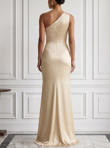 Sheath 3D Floral Ruched Satin Evening Dresses One Shoulder Sleeveless Floor-Length