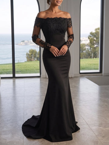 Trumpet/Mermaid Stretch Satin Evening Dresses Lace Embroidery Off-the-Shoulder Sleeveless Floor-Length Brush Train