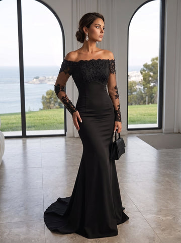 Trumpet/Mermaid Stretch Satin Evening Dresses Lace Embroidery Off-the-Shoulder Sleeveless Floor-Length Brush Train