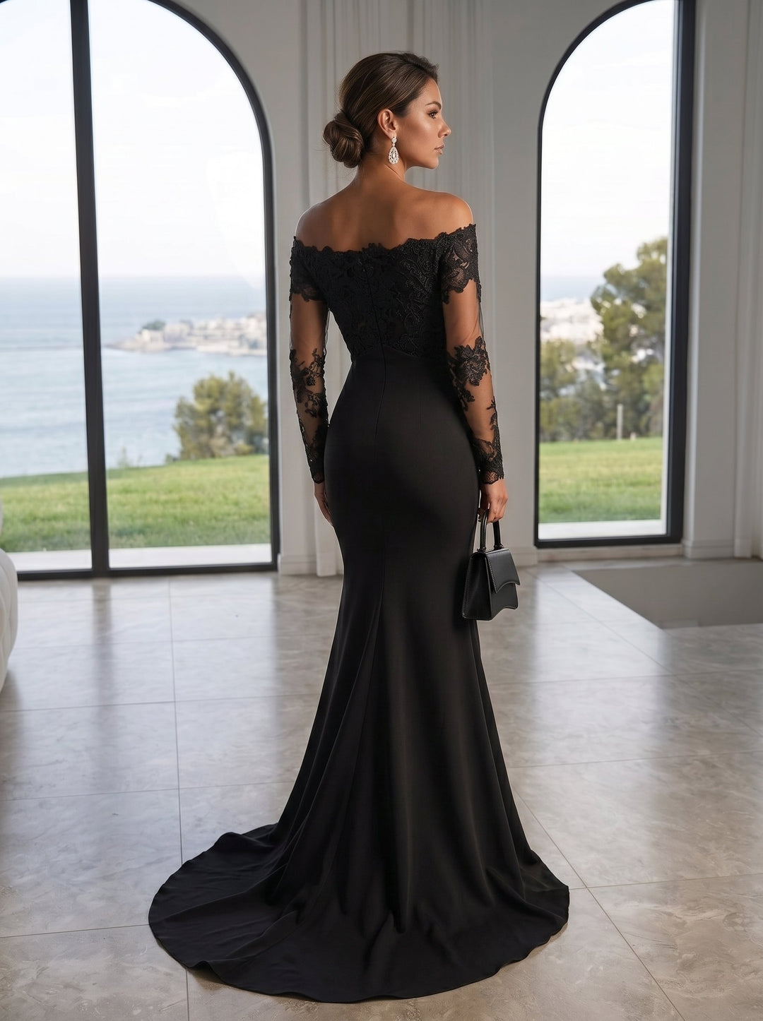 Trumpet/Mermaid Stretch Satin Evening Dresses Lace Embroidery Off-the-Shoulder Sleeveless Floor-Length Brush Train