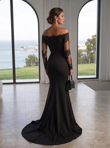 Trumpet/Mermaid Stretch Satin Evening Dresses Lace Embroidery Off-the-Shoulder Sleeveless Floor-Length Brush Train