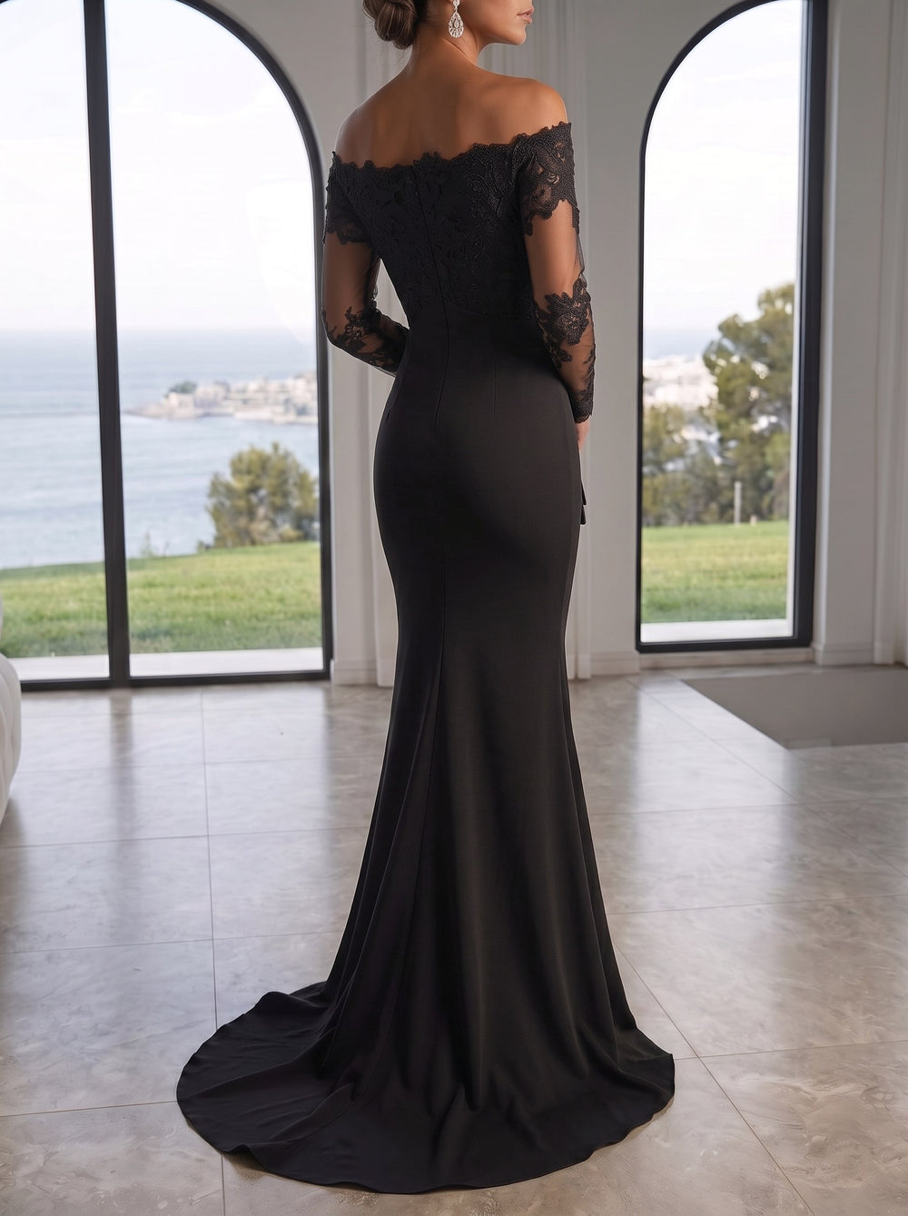 Trumpet/Mermaid Stretch Satin Evening Dresses Lace Embroidery Off-the-Shoulder Sleeveless Floor-Length Brush Train