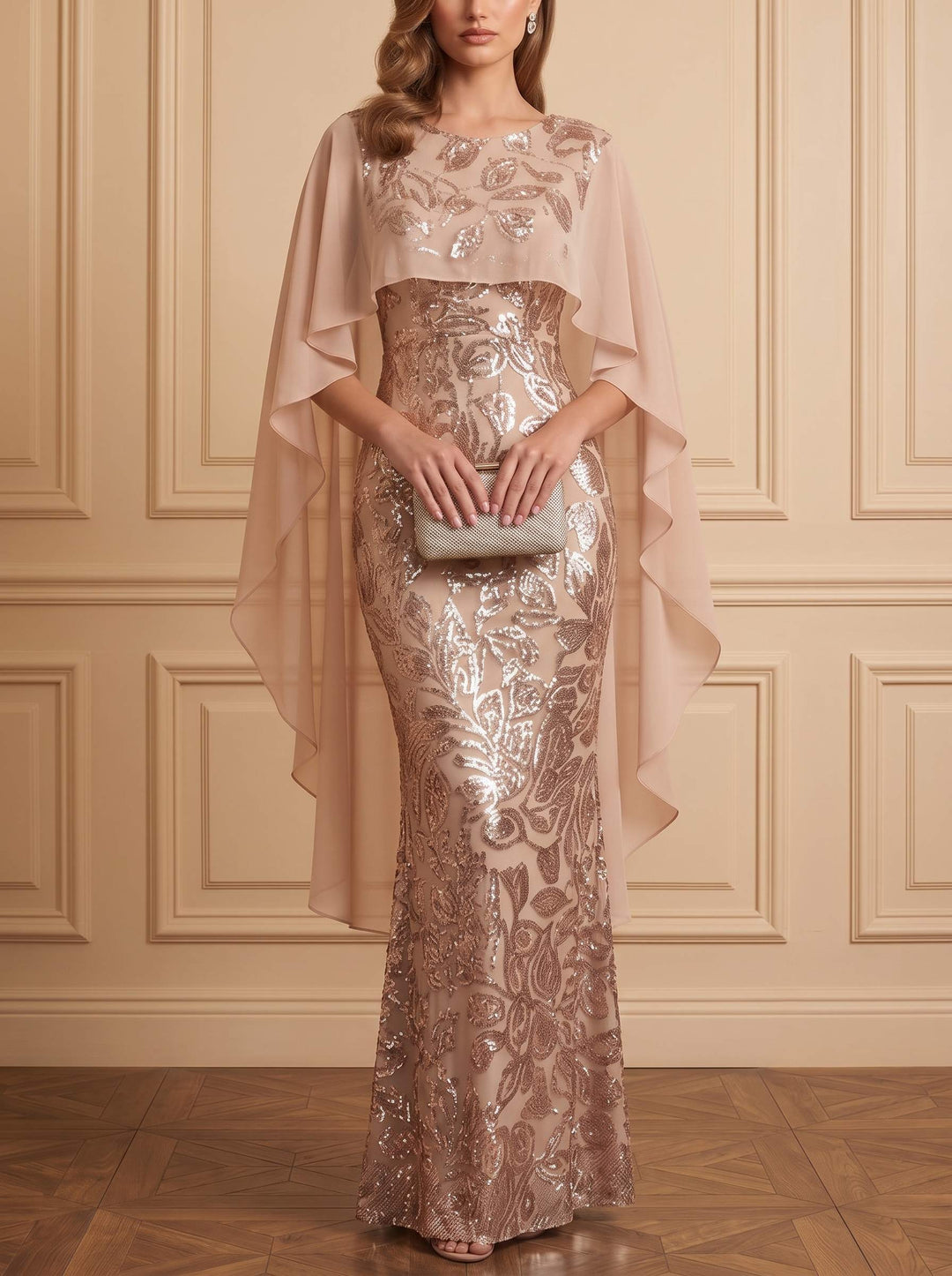 Sheath/Column Sequins Evening Dress Scoop Neck Cap Sleeve Floor-Length