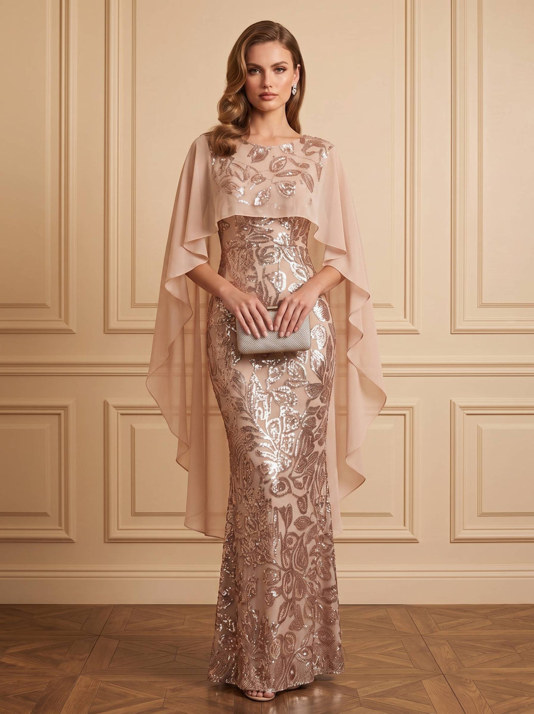 Sheath/Column Sequins Evening Dress Scoop Neck Cap Sleeve Floor-Length