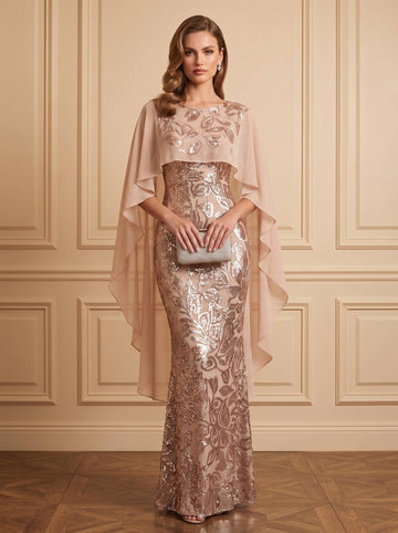 Sheath/Column Sequins Evening Dress Scoop Neck Cap Sleeve Floor-Length