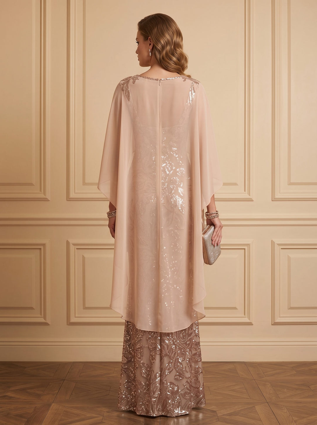 Sheath/Column Sequins Evening Dress Scoop Neck Cap Sleeve Floor-Length