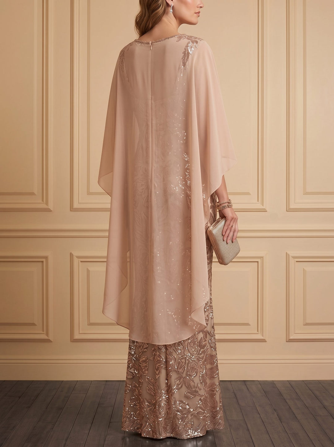 Sheath/Column Sequins Evening Dress Scoop Neck Cap Sleeve Floor-Length