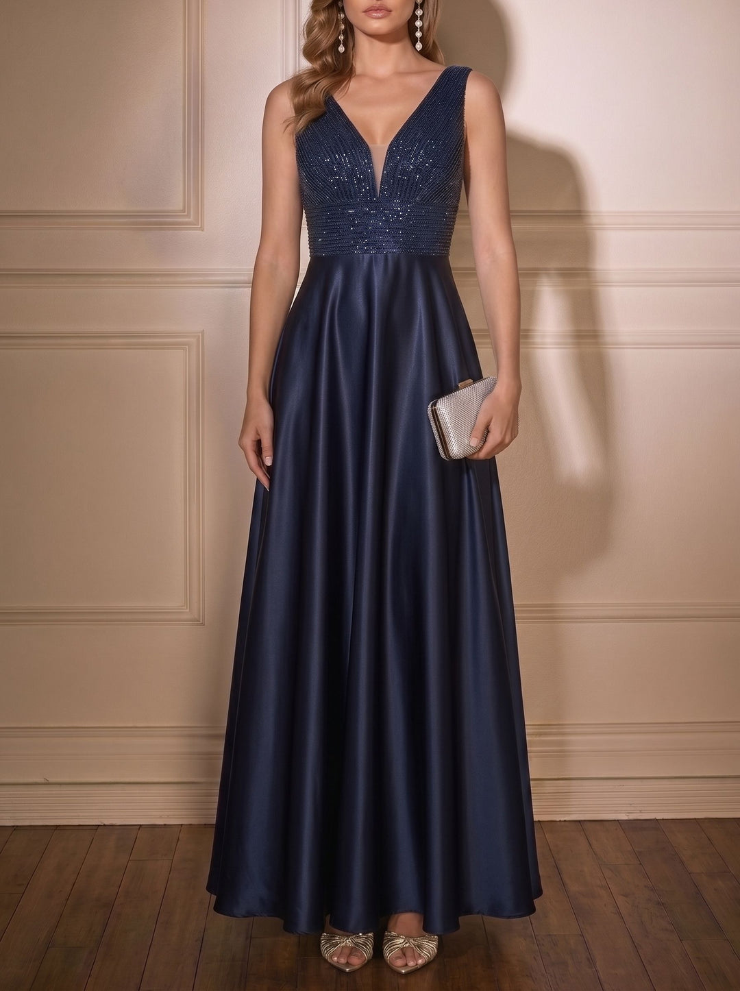 A-Line/Princess Sequins Satin Evening Dress Deep V-Neck Sleeveless Floor-Length