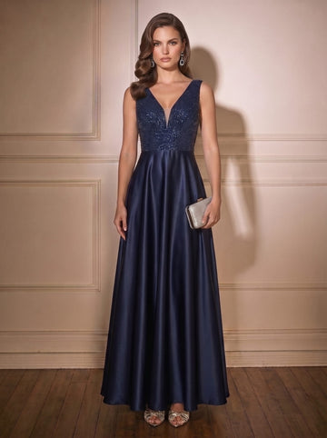 A-Line/Princess Sequins Satin Evening Dress Deep V-Neck Sleeveless Floor-Length