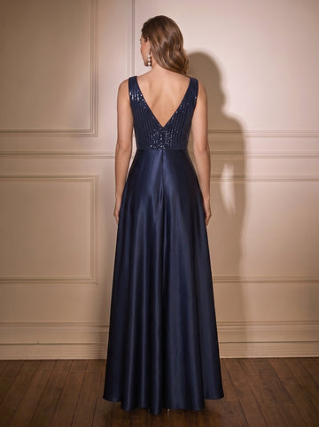 A-Line/Princess Sequins Satin Evening Dress Deep V-Neck Sleeveless Floor-Length