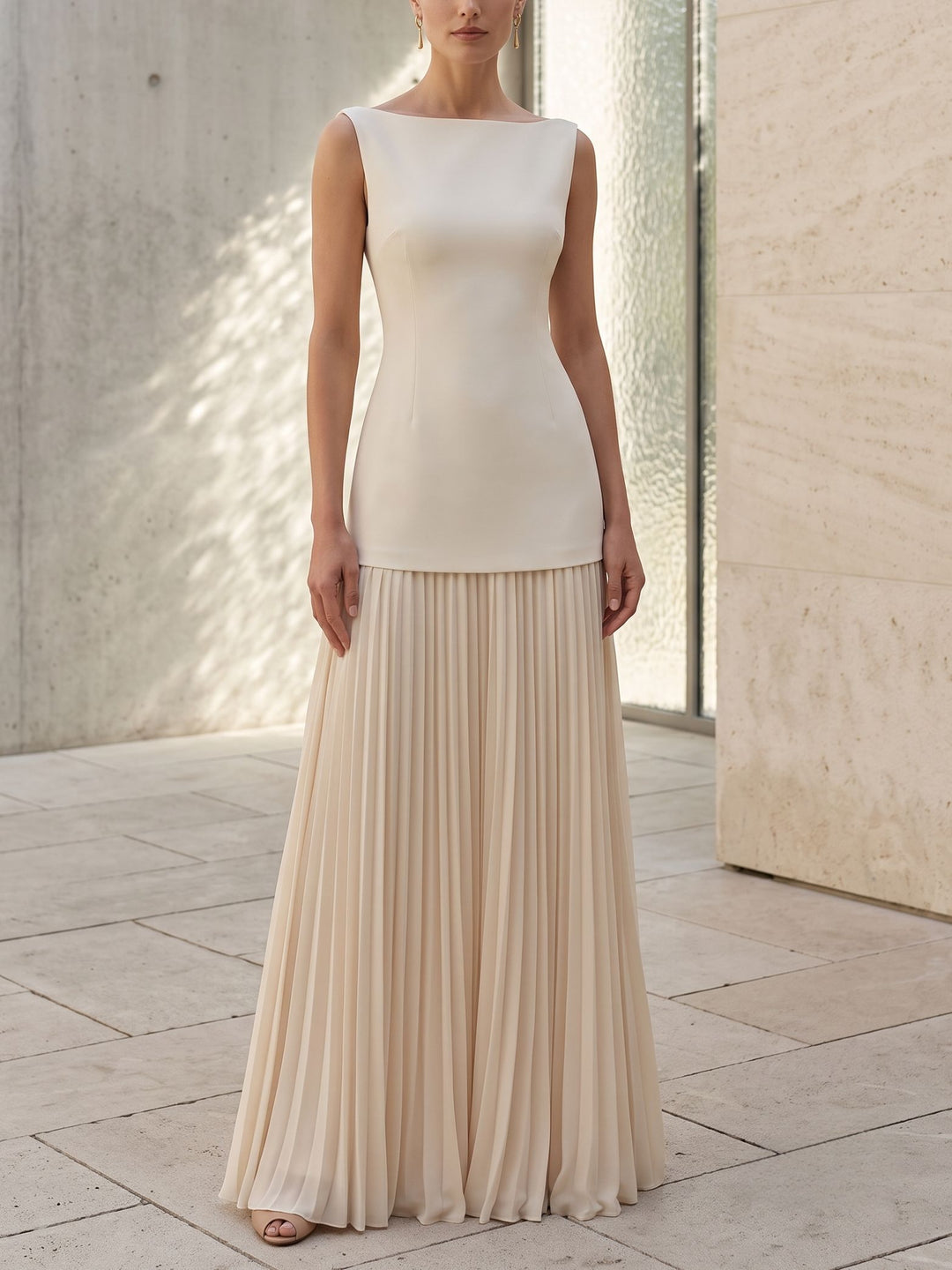 A-Line Evening Dress Chiffon White Pleated Classic Boat Neck Sleeveless Elegant Floor-length Party Gown Dress