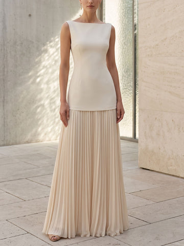 A-Line Evening Dress Chiffon White Pleated Classic Boat Neck Sleeveless Elegant Floor-length Party Gown Dress